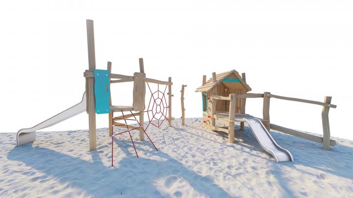 0501 Prolézací  dětská  sestava s domečkem a klouzačkou - Domeček s pavučinou